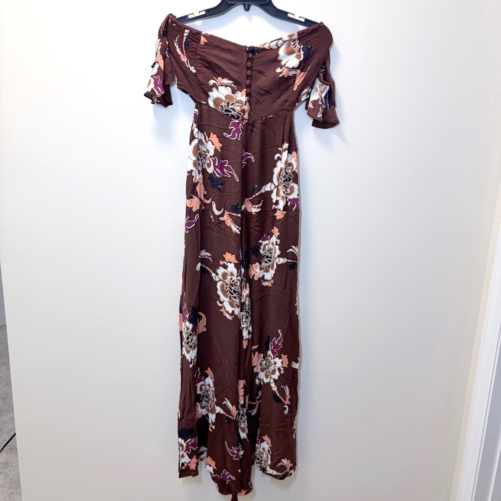 Free People Floral Off Shoulder Wide Leg Jumpsuit Brown Boho Cut Out Medium